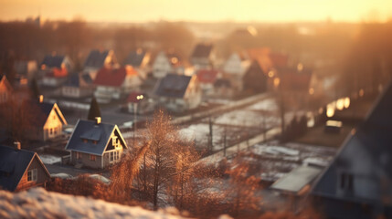 The setting sun casts a golden hue over a picturesque suburban neighborhood with snow-capped houses. - Powered by Adobe