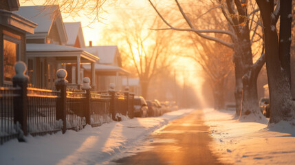 A beautiful golden sunrise illuminates a quiet, snowy street in a residential neighborhood. - obrazy, fototapety, plakaty