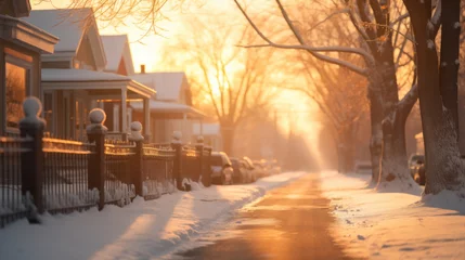 Fotobehang A beautiful golden sunrise illuminates a quiet, snowy street in a residential neighborhood. © tashechka