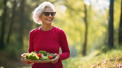 Cheerful senior woman in red, holding a fresh salad plate, enjoying the sunshine in a green park setting.
