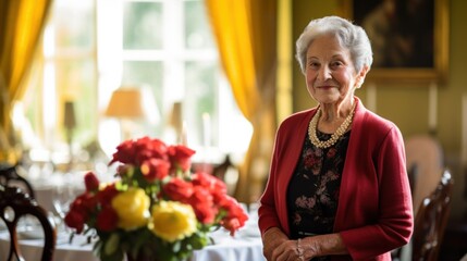 A dignified elderly woman with a warm smile seated elegantly in a classic dining room with a bouquet of flowers.