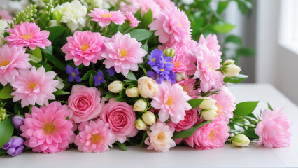 A bouquet of pink and white flowers on a table