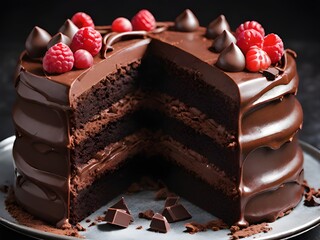Delicious chocolate cake with strawberry on plate