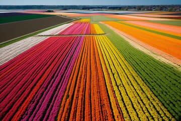 The blooming tulip fields in the Netherlands create a colorful spectacle from late April to early May. The Dutch countryside is dotted with numerous flower fields. Generative AI