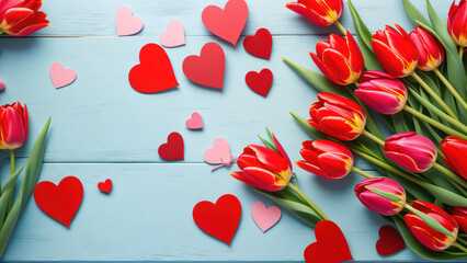 A bouquet of tulips and hearts on a blue background