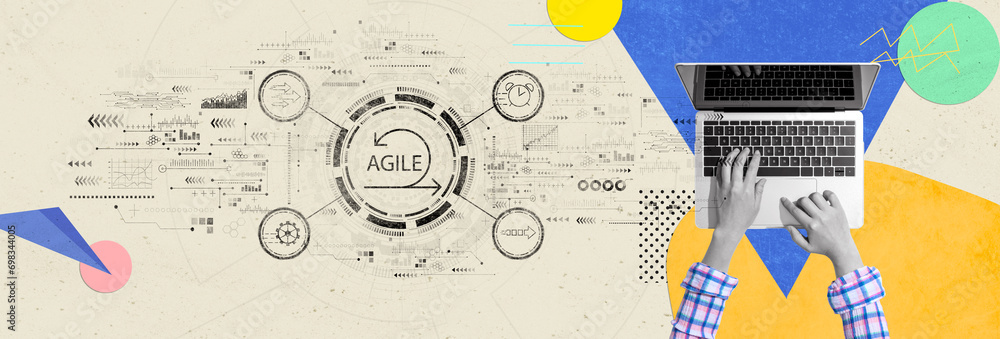 Poster agile concept with person using a laptop computer - photo collage design