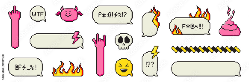 Poster set of pixel art dialogue box with swear words. speech bubbles in the mood of 90's aesthetics. vecto