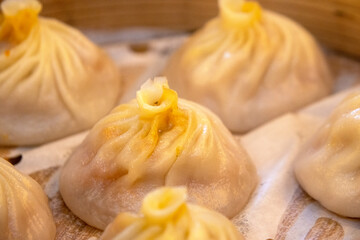 Closeup of Xiao Long Bao streamed pork dumplings