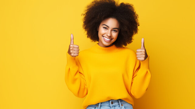 Happy African American woman giving thumbs up on a solid background