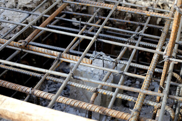 Reinforcement before pouring concrete with foundation pile, concrete floor