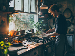 In a bright, roomy kitchen, a handsome Caucasian man effortlessly cooks breakfast on a gas stove,...