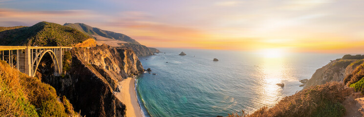 Beautiful landscape view Bixby Bridge  and Pacific Coast Highway at sunset near Big Sur in...