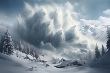 Mountain's Fury: Majestic Avalanche in the Winter Alps, Generative AI illustration