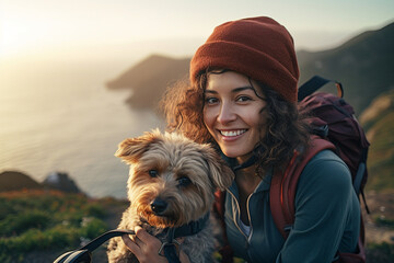 smiling woman on bicycle traveling with backpack and dog, happy tourists and best friends on slope with epic view