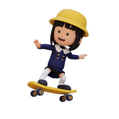 3D girl character ride skateboard