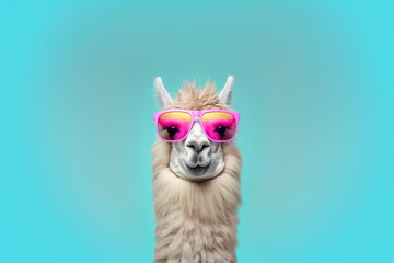cute funny lama wearing sunglasses on bright solid background  - obrazy, fototapety, plakaty