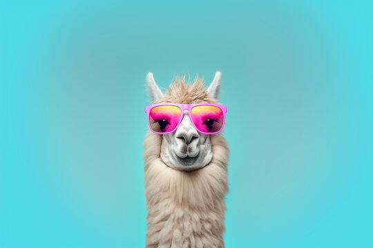 cute funny lama wearing sunglasses on bright solid background 