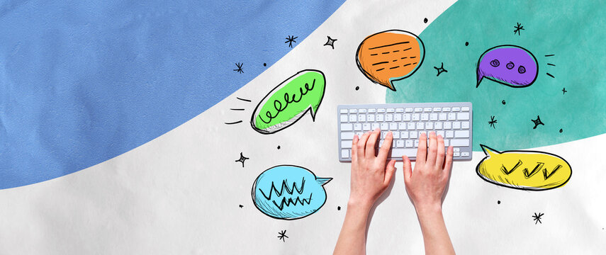 Speech bubbles and a computer keyboard - Photo collage