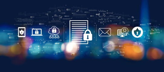 Data protection concept with blurred city lights at night