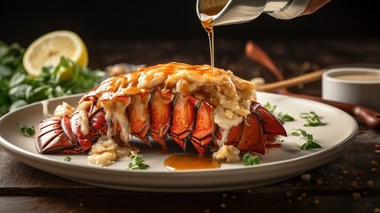 Food photograph of a lobster tail on a white plate and sauce poured on it - obrazy, fototapety, plakaty