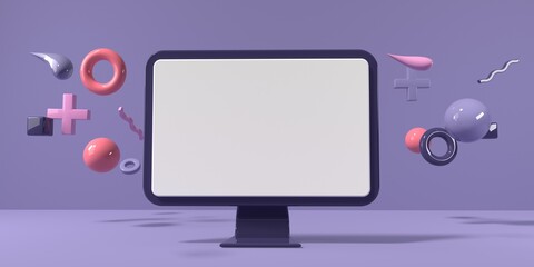 Desktop computer with blank screen - 3D render