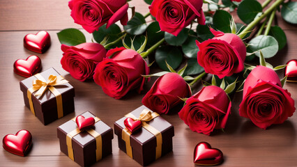 A bunch of red roses and chocolates on a table
