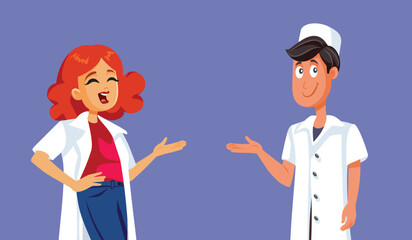 Obraz premium Medical Doctors Making Presentation Gesture Vector Cartoon Illustration. General physicians presenting a health treatment plan for recovery 