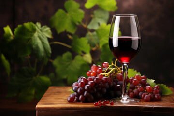 Glass of red wine and grapes on wooden table in vineyard
