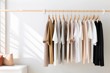 Fashionable clothes hanging on wooden hanger in white showroom