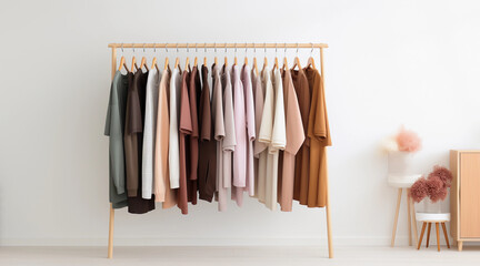 Wardrobe with clothes on hangers in modern room
