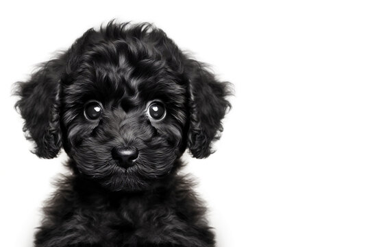 Portrait of a black puppy on a white background