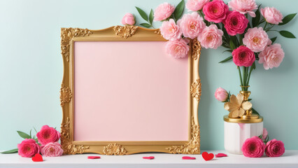 A gold frame with pink flowers on a mantle