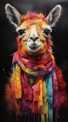 Fototapeta premium Llama with colorful scarf on black background, closeup of photo