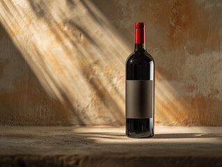 Minimalistic red wine bottle with aged wood blend. Ideal for branding, packaging, and identity. Customizable with ample space for text and images