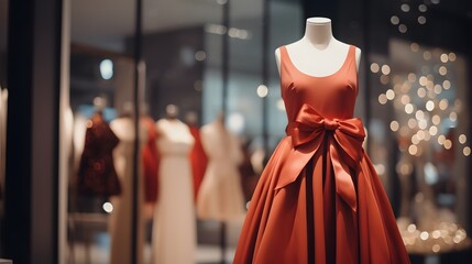 Elegant luxury women's dress on a mannequin in window display in shopping center. Dress for reception or celebration. - obrazy, fototapety, plakaty