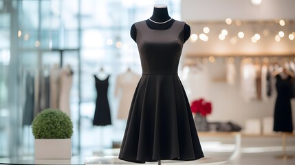 Elegant women's black midi dress on a mannequin in a window display in a shopping center. Little black dress - obrazy, fototapety, plakaty