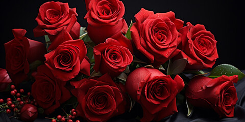 A close up of a bunch of red roses with green leaves Red roses Classic symbol of love and affection. AI Generative 