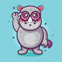 geek rhino animal character mascot with think gesture isolated cartoon in flat style design