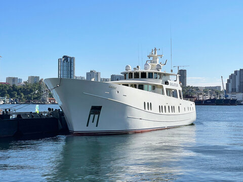 Vladivostok, Russia, September, 20, 2023. Yacht Galatea on the Ship (Korabelnaya) embankment in Vladivostok
