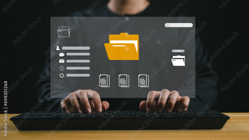 Fototapete Folder document Management System DMS Open File folder with flying blank documents with computer. File Sharing, Document Transferring, Data transfer backup concept. Searching and managing files.