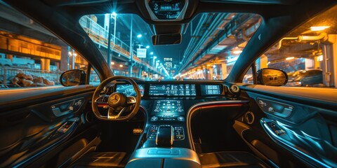 autonomous futuristic car dashboard concept with HUD and hologram screens and infotainment system