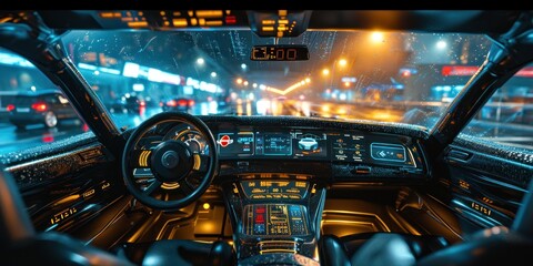 autonomous futuristic car dashboard concept with HUD and hologram screens and infotainment system - obrazy, fototapety, plakaty