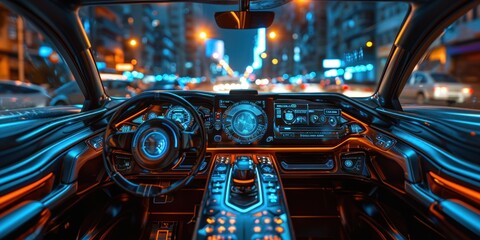 autonomous futuristic car dashboard concept with HUD and hologram screens and infotainment system