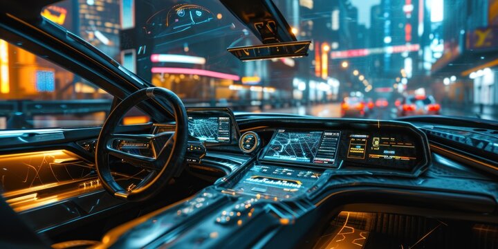 autonomous futuristic car dashboard concept with HUD and hologram screens and infotainment system