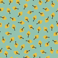 Vector green and yellow cute trees pen sketch scattered polka dot seamless pattern background. Suitable for textile, gift wrap and wallpaper.