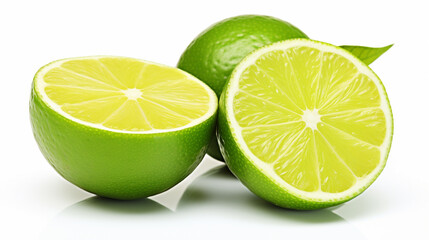 Green lime with cut in half and slices isolated on white background. AI Generative