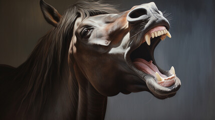Laughing horse in a dark background. AI Generative - obrazy, fototapety, plakaty