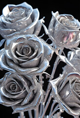 Clear Crystal Glitter Rose Bouquet in Close Up View, Black Background ,Generative AI Based