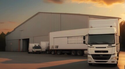 white truck parked in front of industrial logistics building at sunset. Logistics transport trucks are parked.
