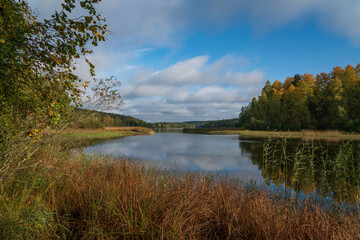 Fototapeta na wymiar View from the shore of Lake Ladoga near the village of Lumivaara on a sunny autumn day, Ladoga skerries, Lahdenpohya, Republic of Karelia, Russia